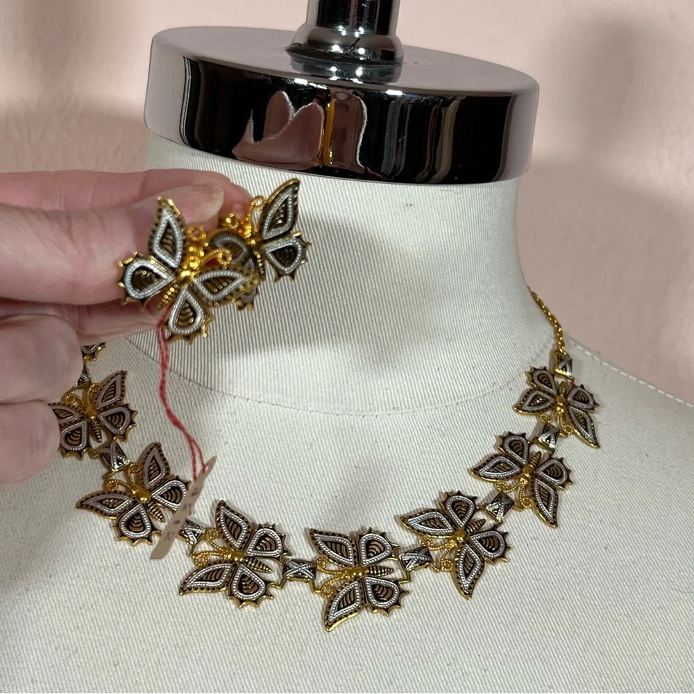 Art deco Gold Plated Spanish Damascene Butterfly vintage Necklace Earring set